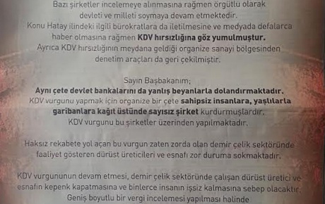 KDV hırsızlığını Davutoğluna gazete ilanıyla ihbar etti
